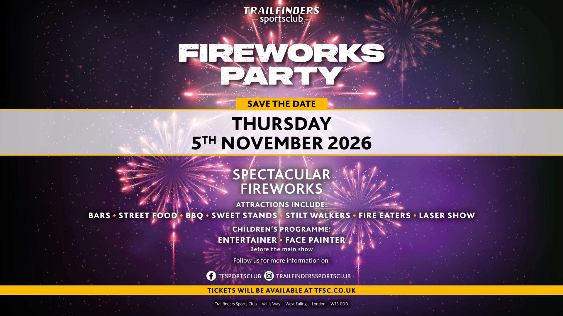 Trailfinders Sports Club Fireworks Party banner 